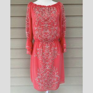 White House Black Market Blouson Mini Dress Metallic Embroidered Orange Size XS